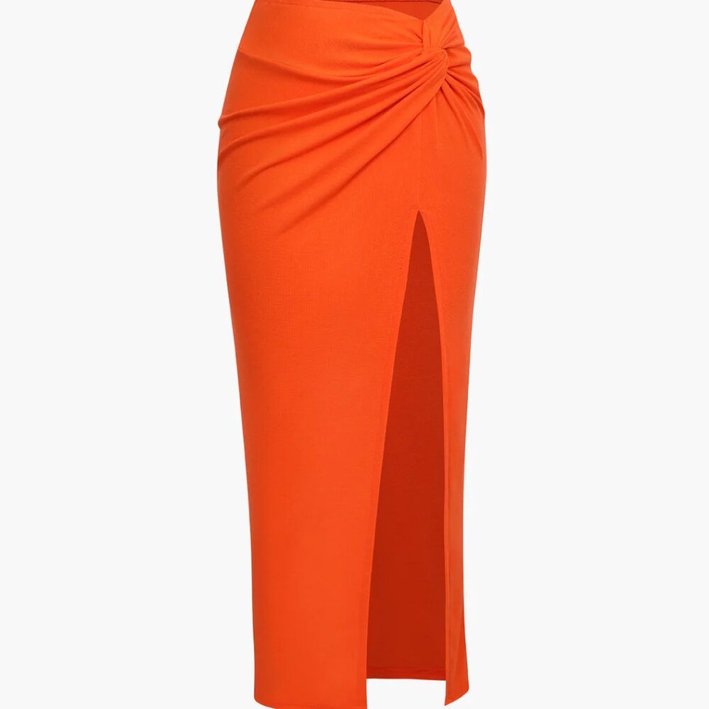 Knot Side Slit Knit Midi Skirt